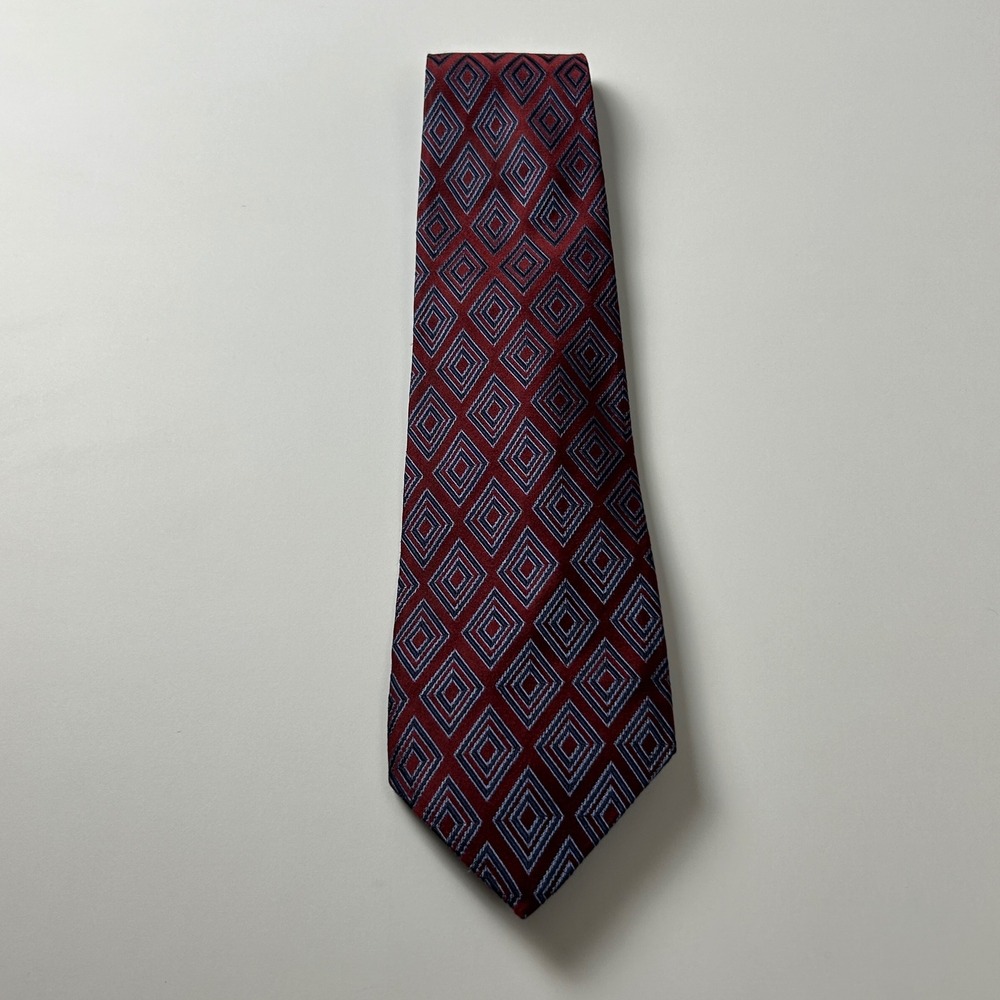 Villa Bolgheri Burgundy‎ Blue Diamond Geometric Jacquard 100% Silk Tie Italy